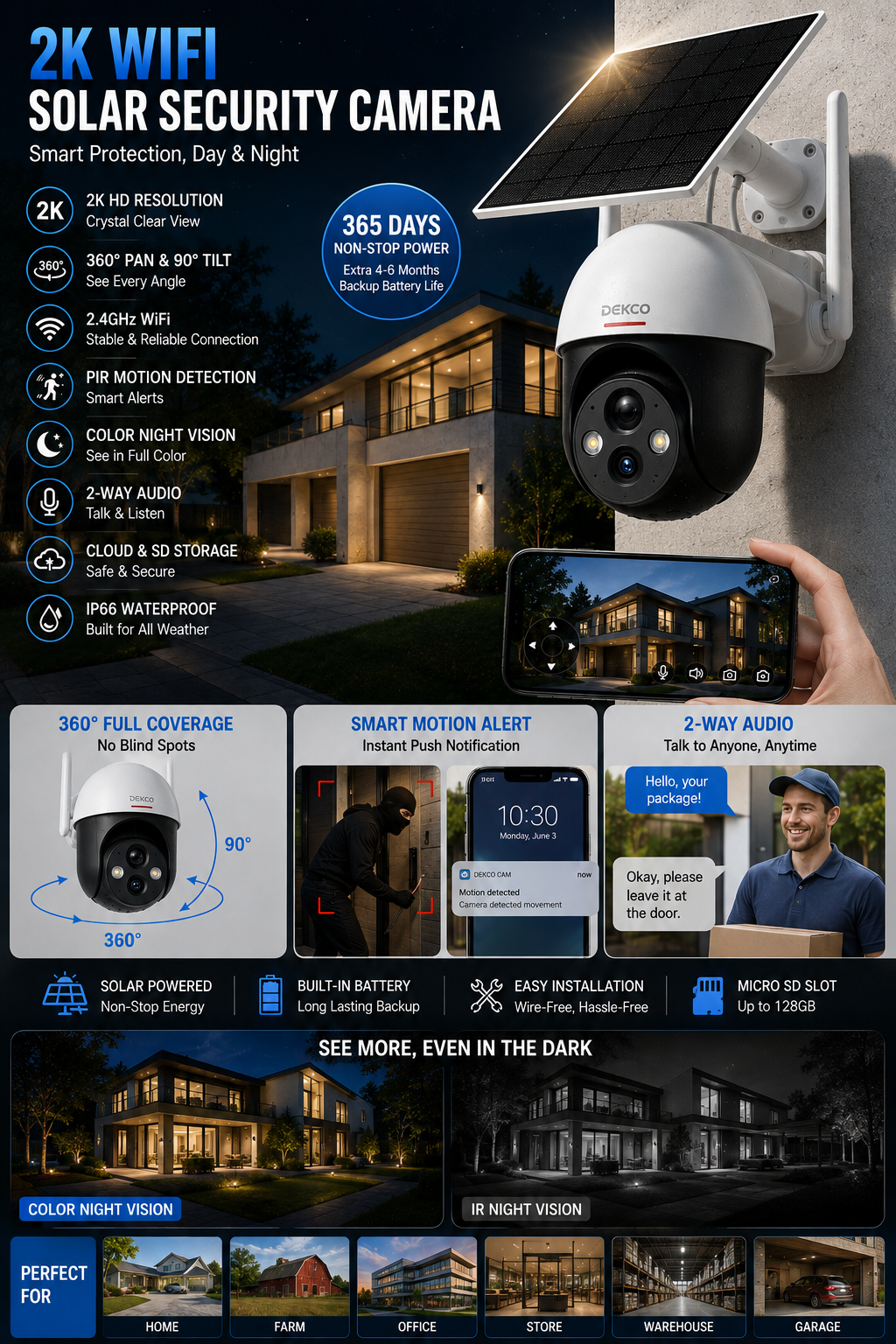 WIFI 2K Solar Security Camera – Wireless Outdoor 360°